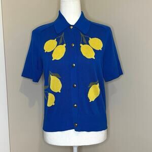 Free Assembly Lemon Intarsia Short Sleeve Cardigan Sweater Women's S Royal Blue